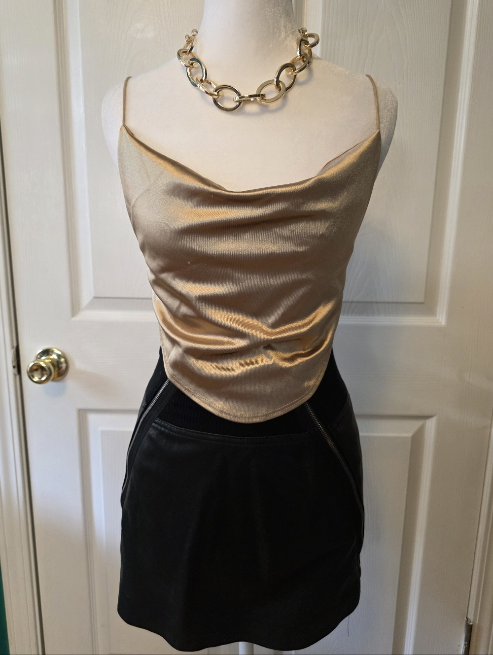 Windsor Gold Metallic Open Back Cowl Crop Top Small